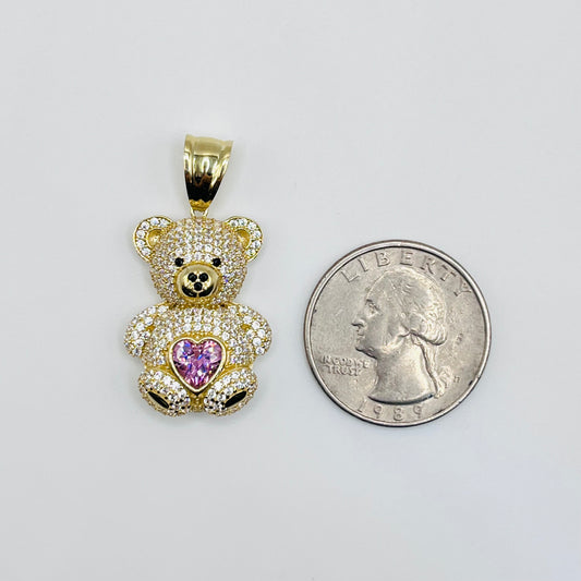 10K Gold Full body Teddy Bear Charm with CZ Pink Heart Belly