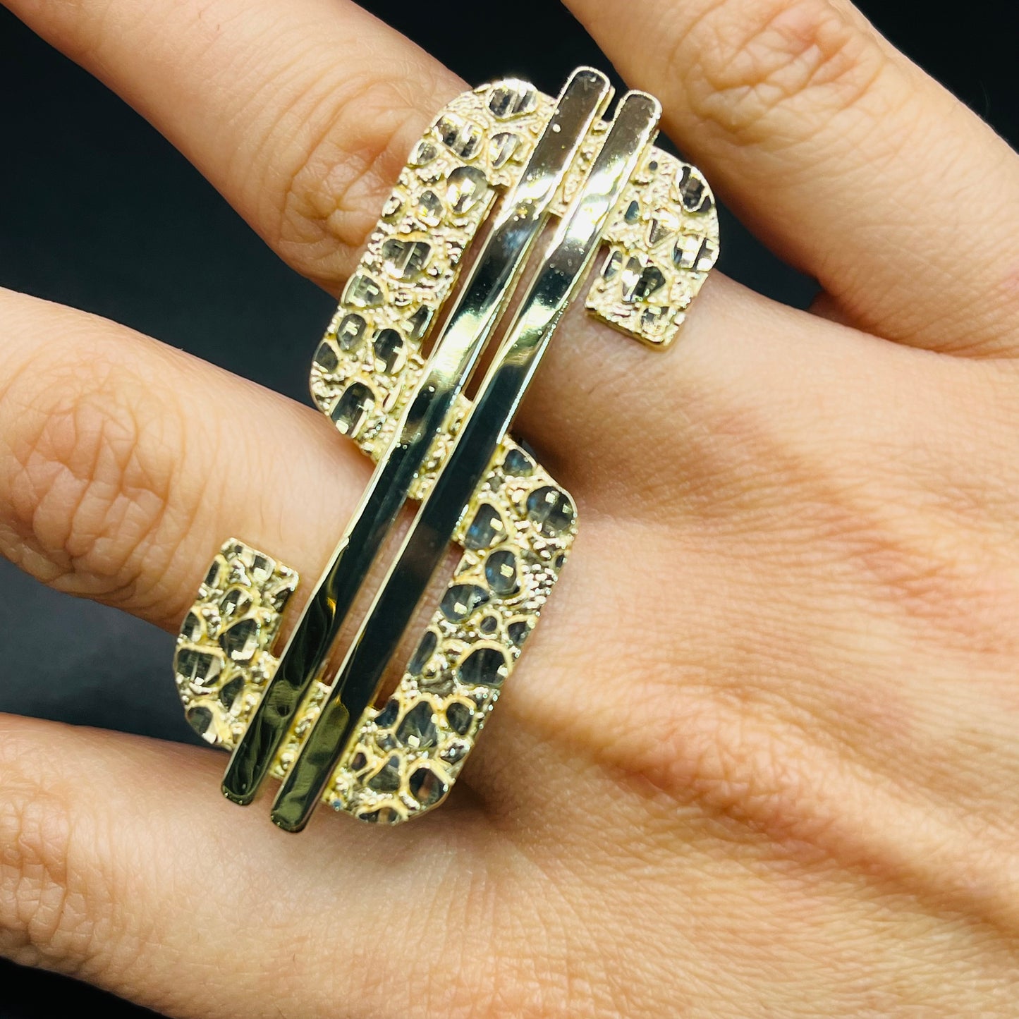 14K Gold Two-Finger Money Sign Nugget Ring