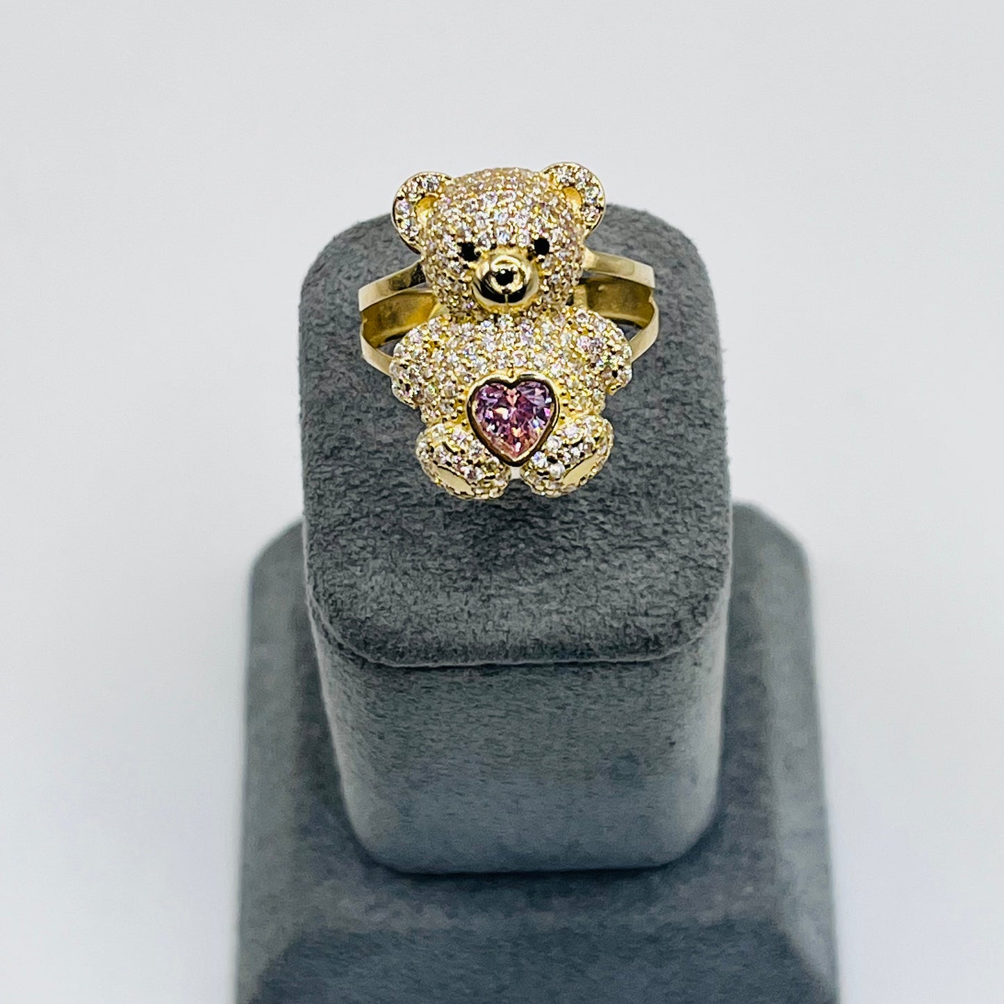 10K Gold Teddy Bear Ring with Pink Heart