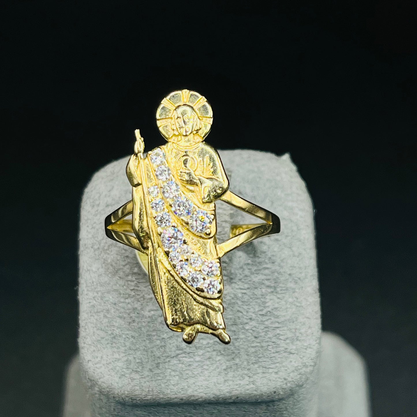 14K Gold San Judas Ring with White CZ