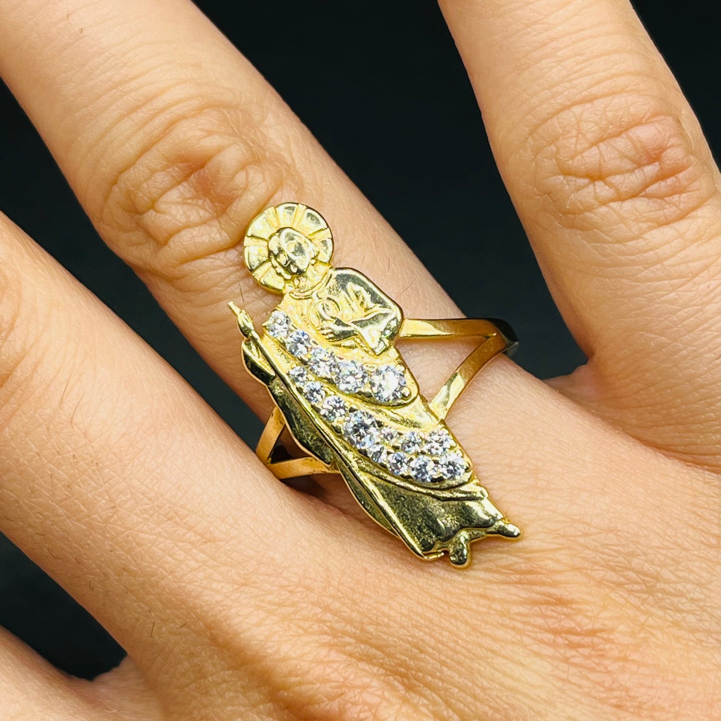 14K Gold San Judas Ring with White CZ