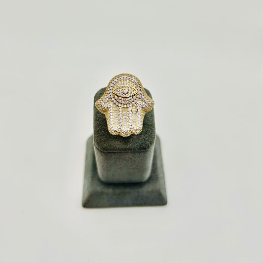 10K Gold Baguette and Round CZ Hamsa Ring