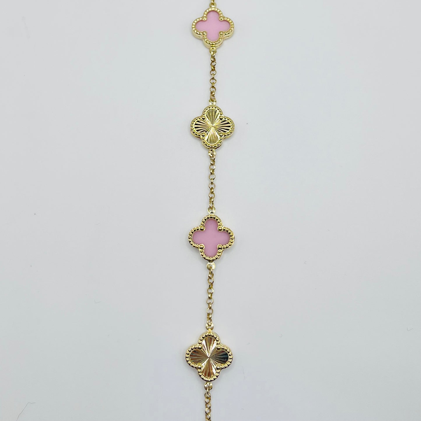 10K Gold Bracelet with Pink and Gold Clovers (7")