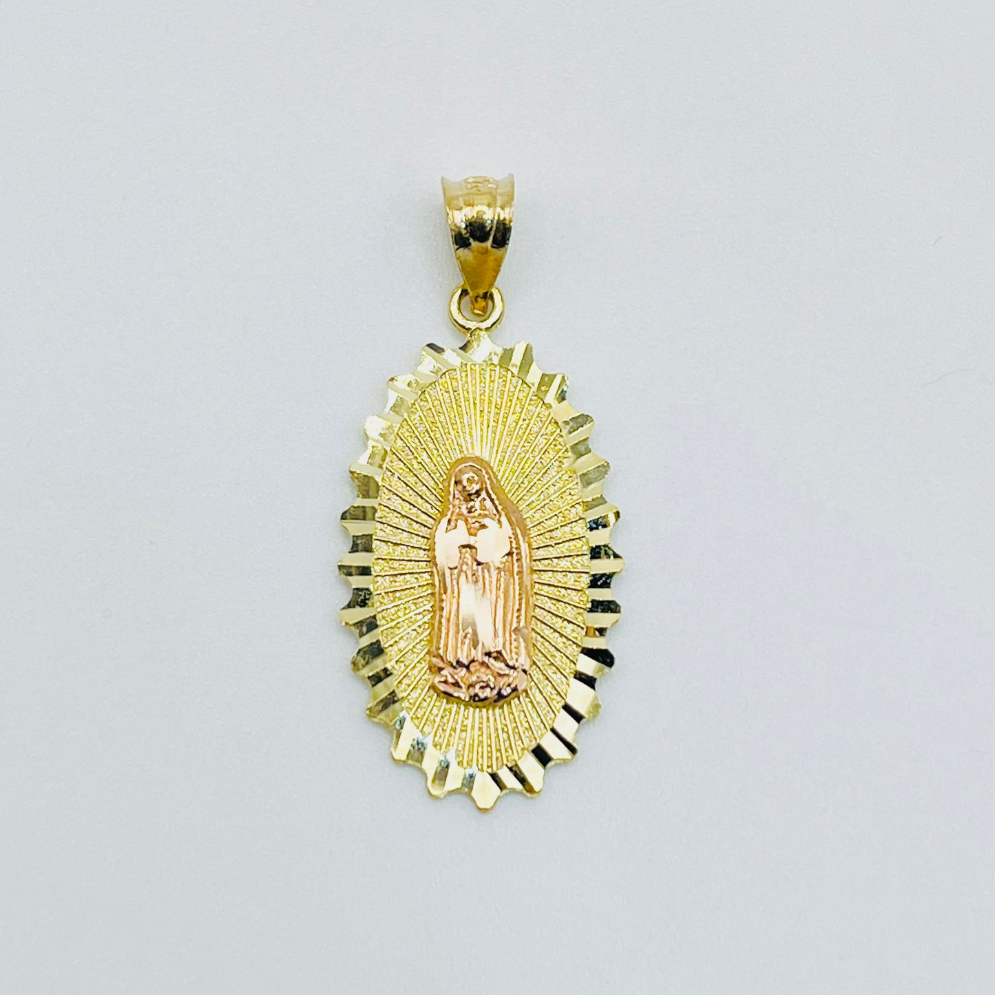 14K Gold Two Tone Virgin Mary Charm with Diamond Cut Border