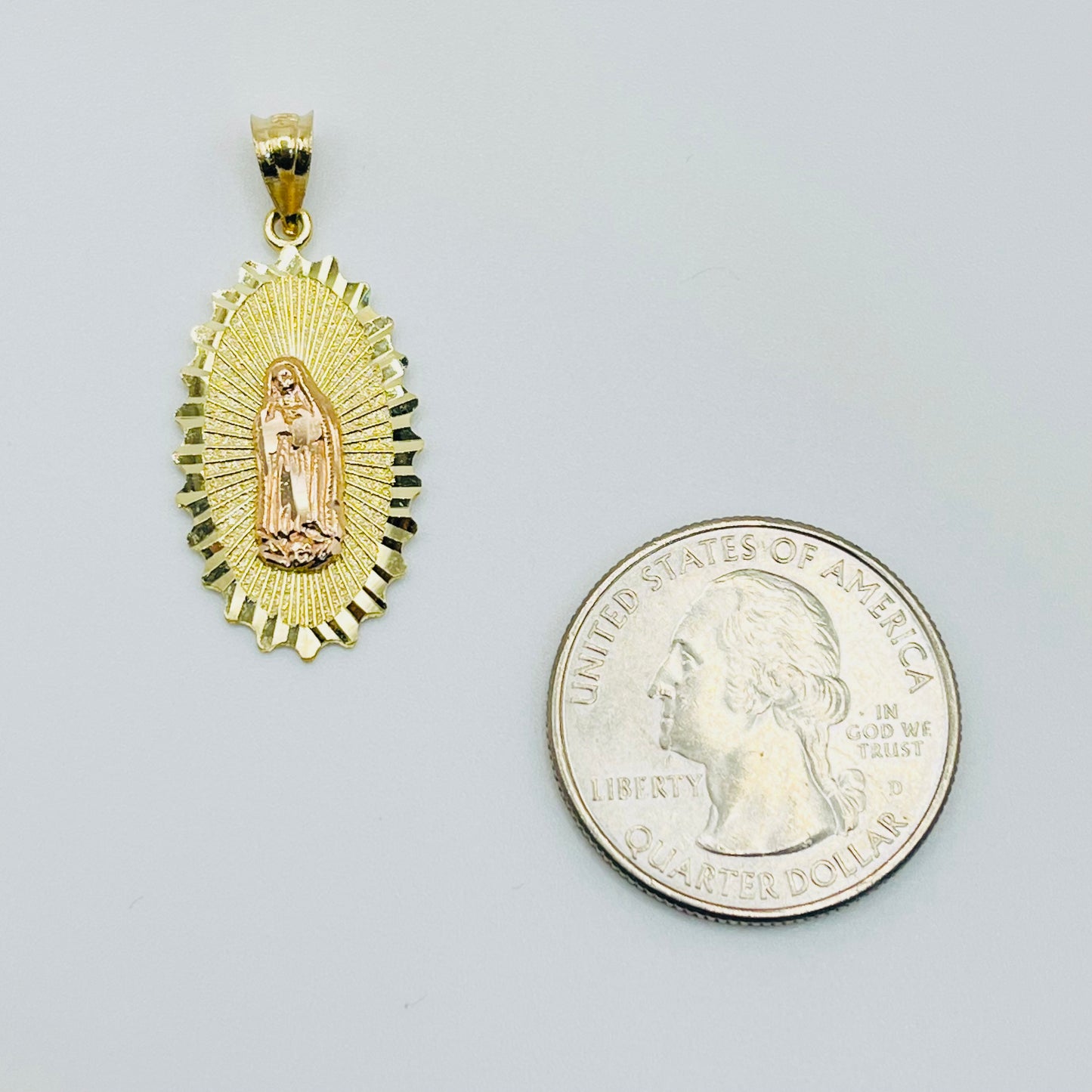 14K Gold Two Tone Virgin Mary Charm with Diamond Cut Border