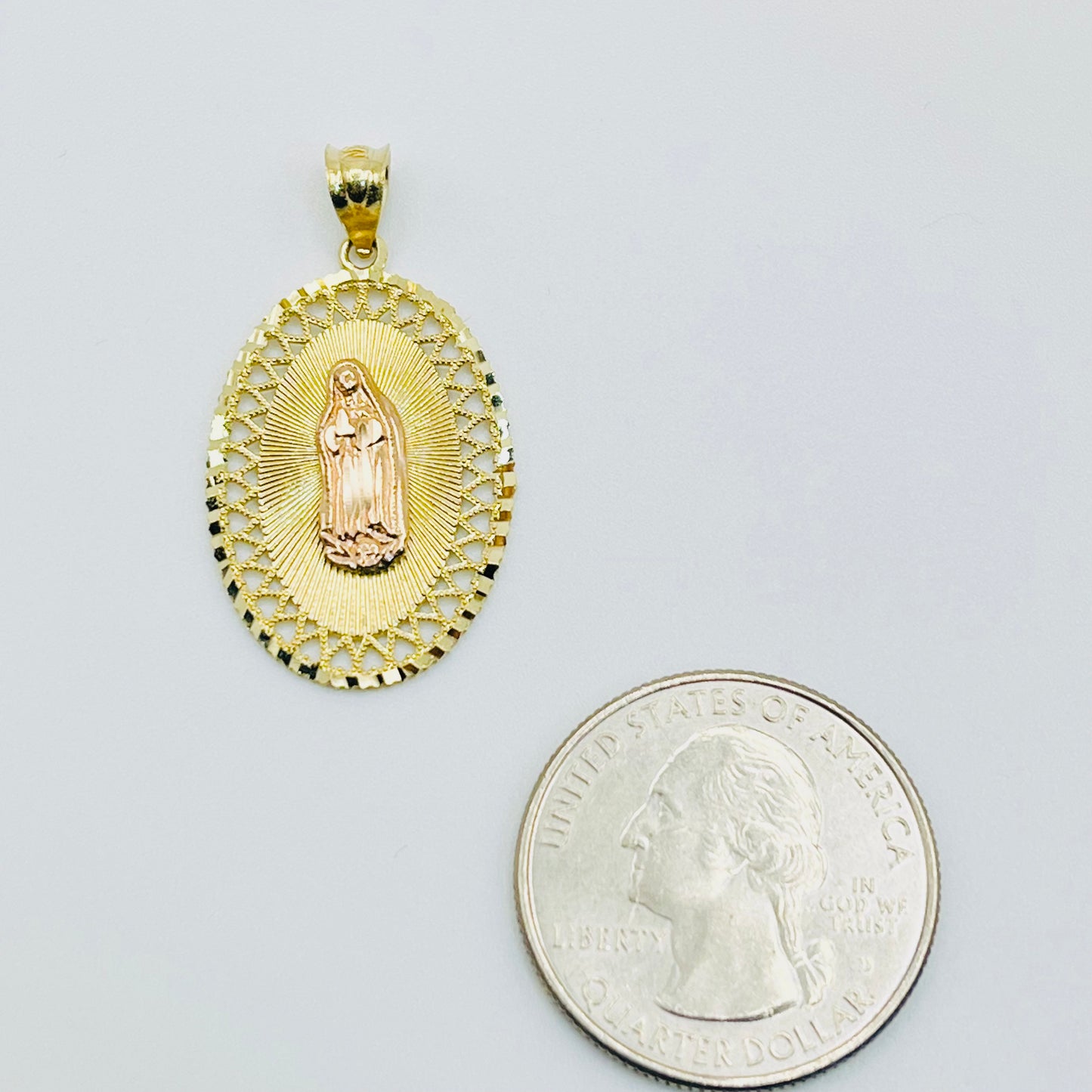 14K Gold Two Tone Oval Virgin Mary