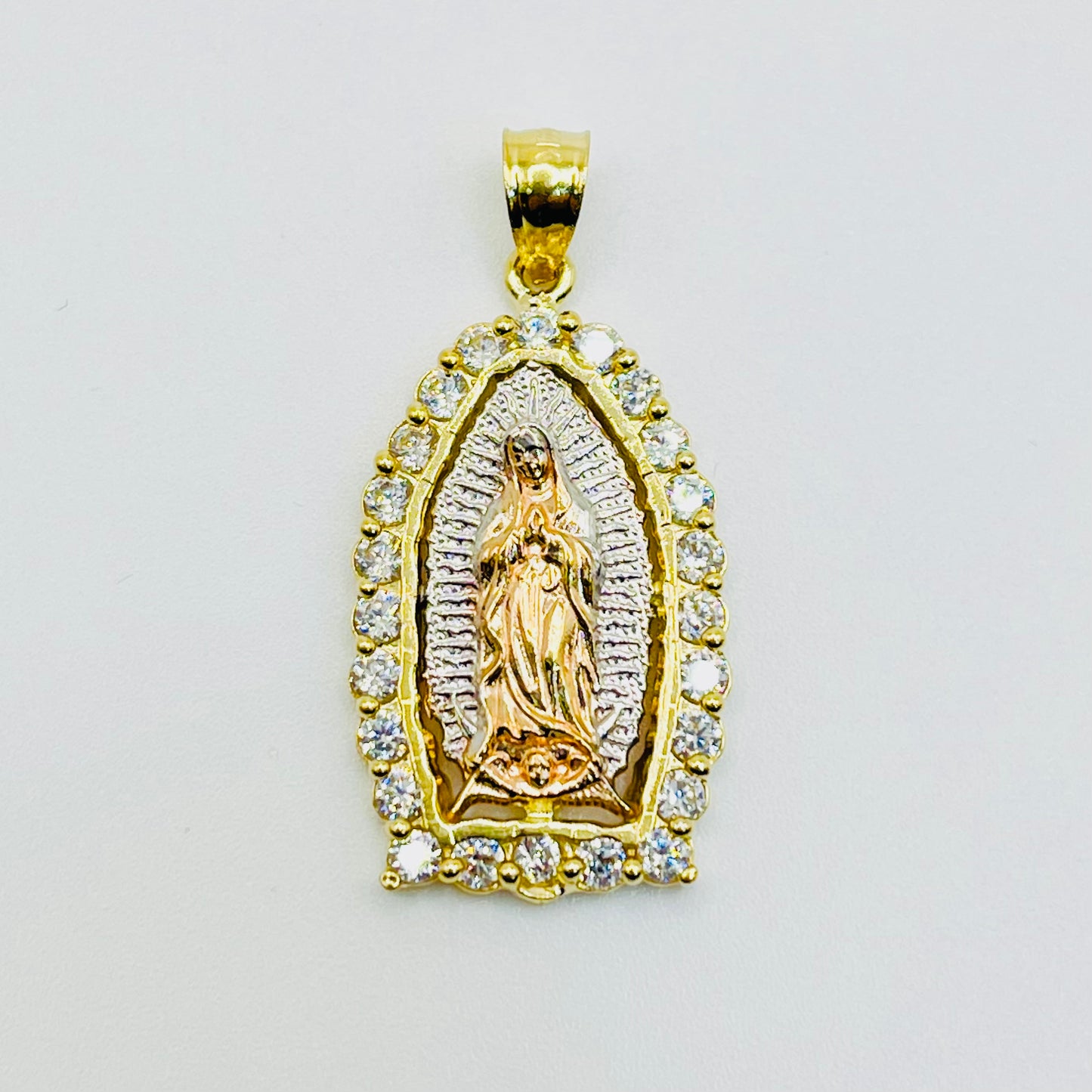 14K Tri Color CZ Virgin Mary Charm