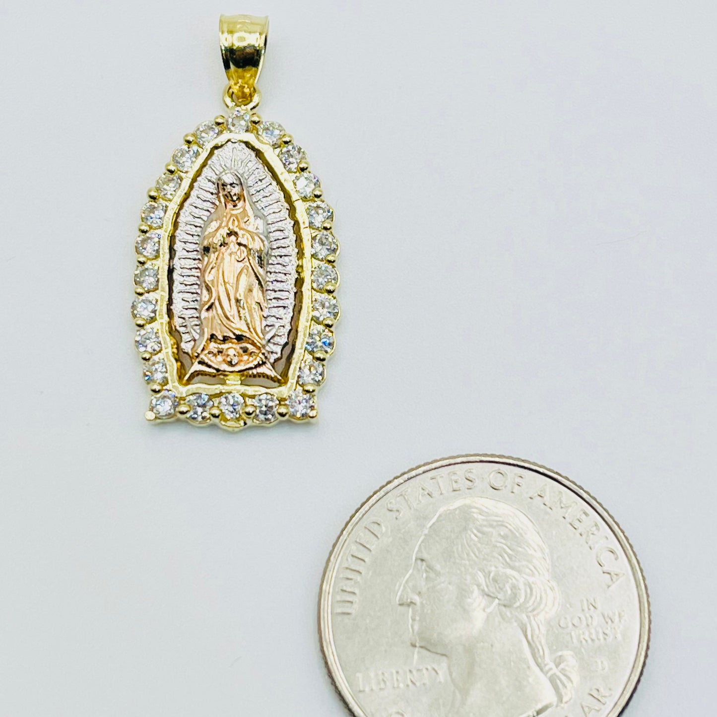 14K Tri Color CZ Virgin Mary Charm