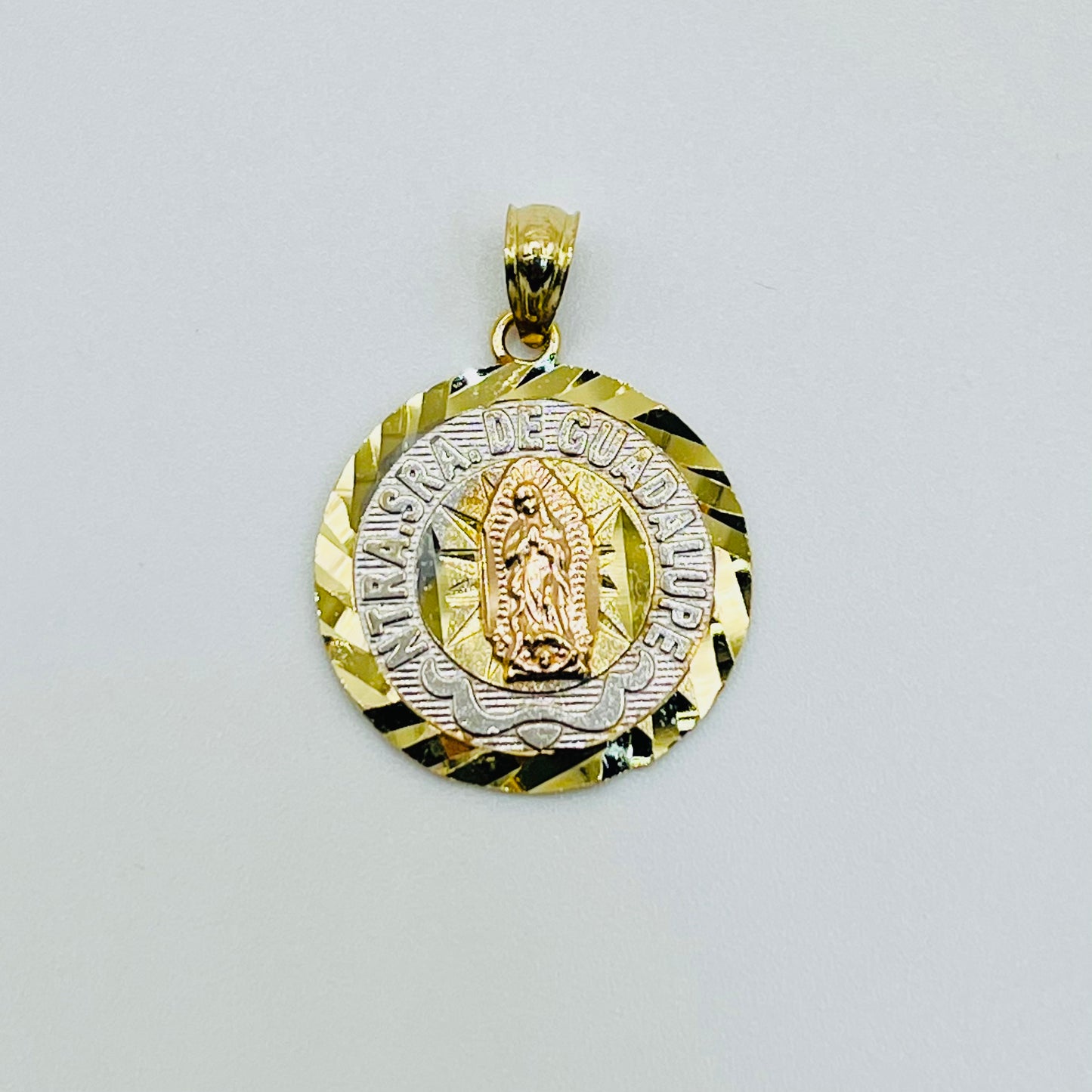 14K Gold Round Tri Color Virgin Mary Charm