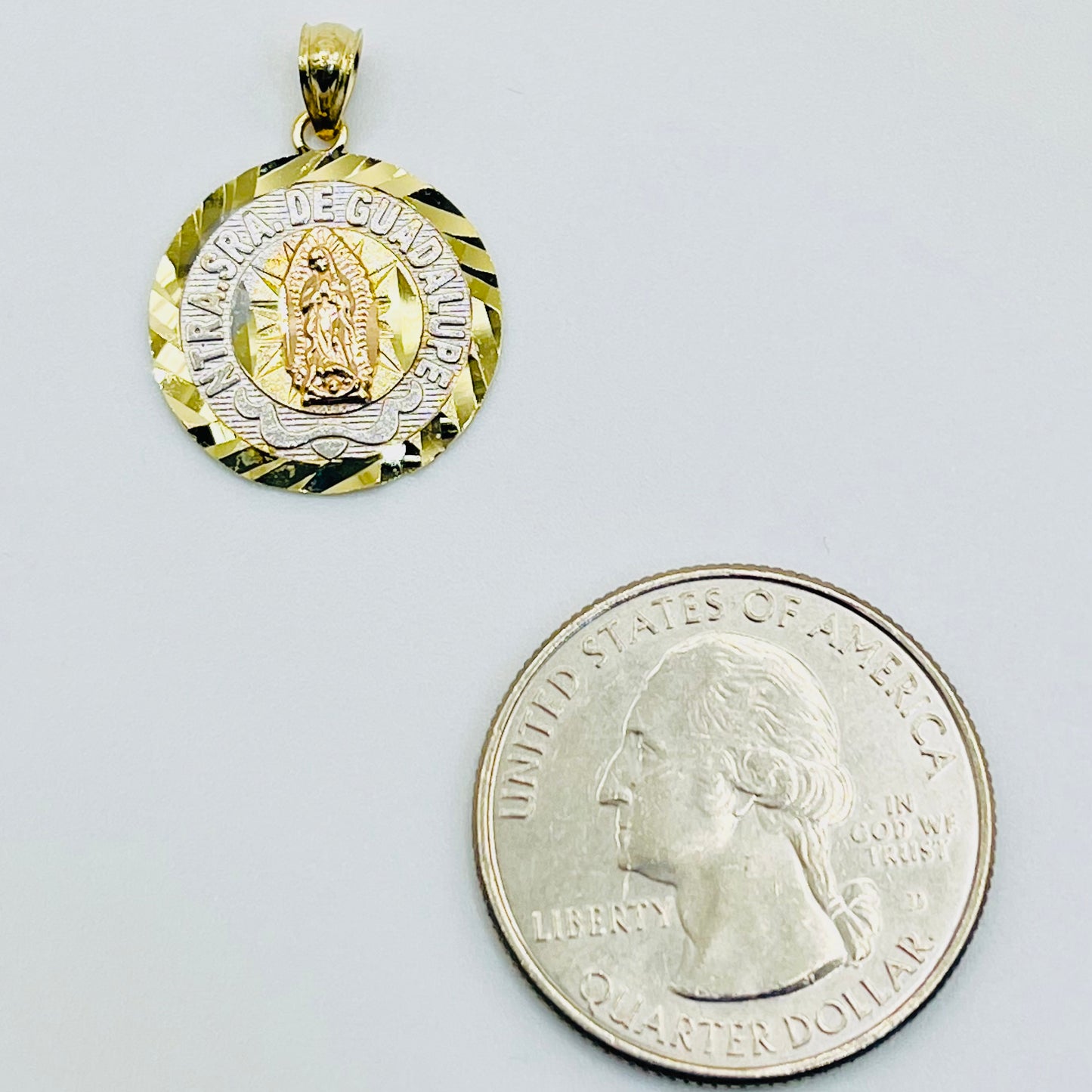 14K Gold Round Tri Color Virgin Mary Charm