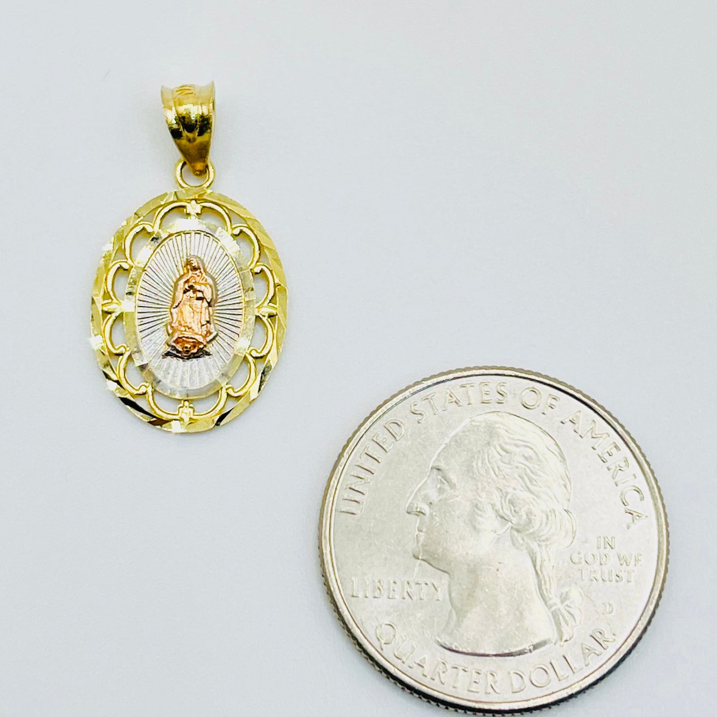 14K Gold Dainty Tri Color Virgin Mary Charm