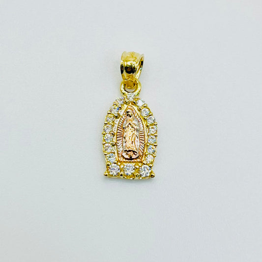 14K Gold Dainty Tri Color CZ Virgin Mary Charm