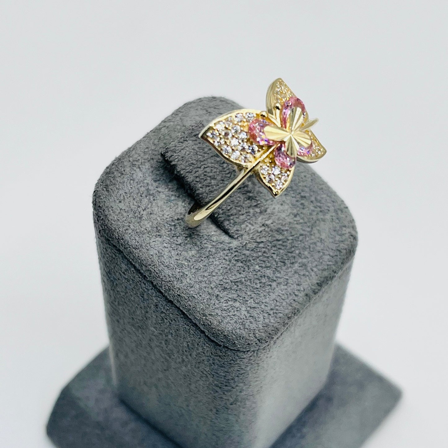 10K Gold Pink and White CZ Butterfly Ring