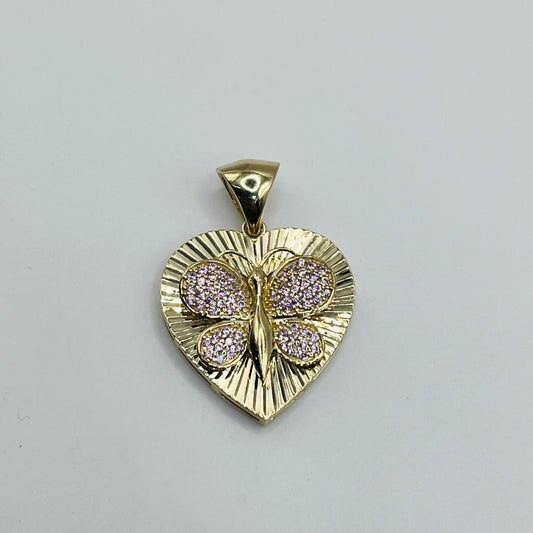 10K Gold Heart with Pink Butterfly Charm