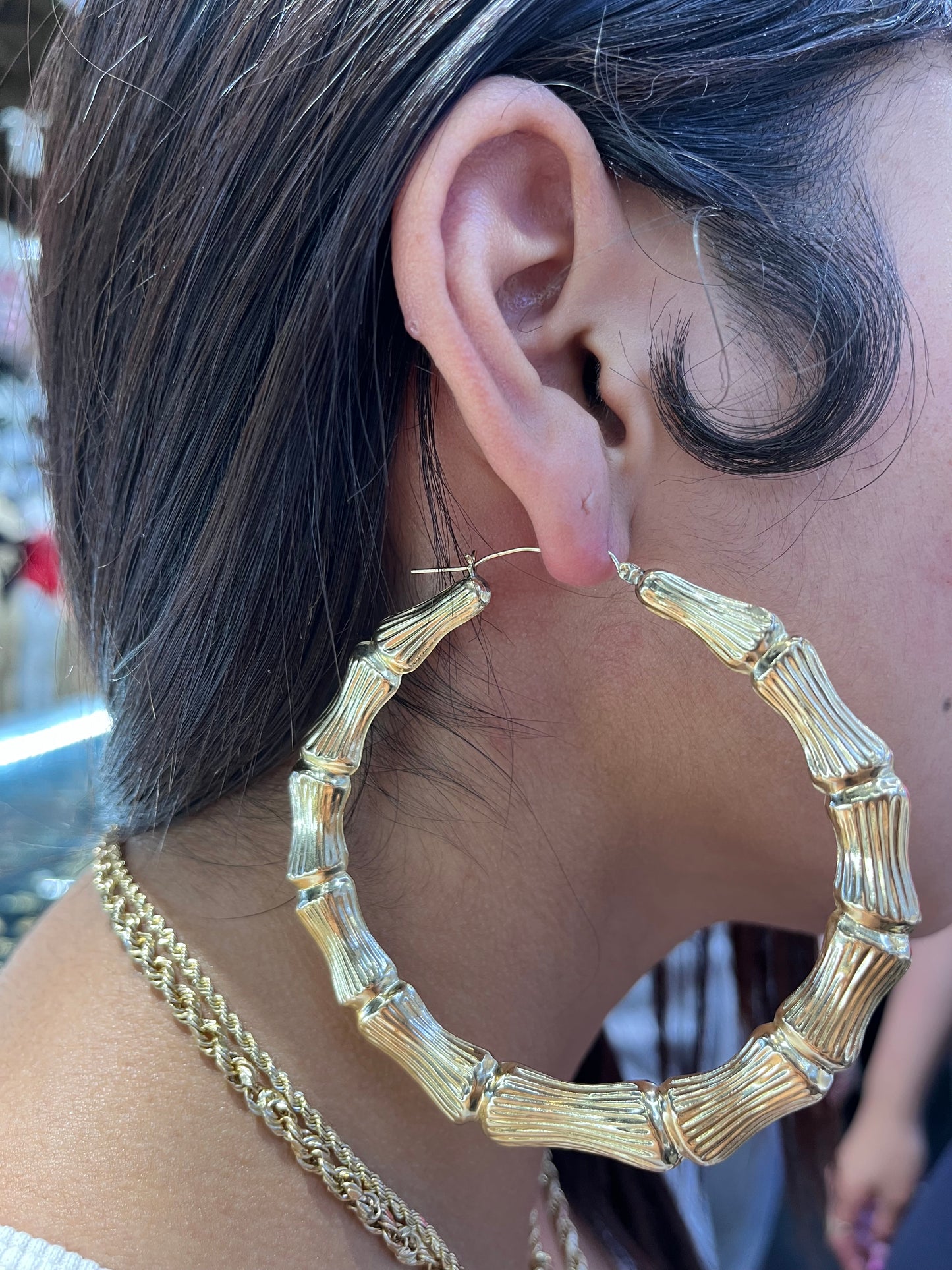 10K Gold Bamboo Hoop Earrings (3 inch)