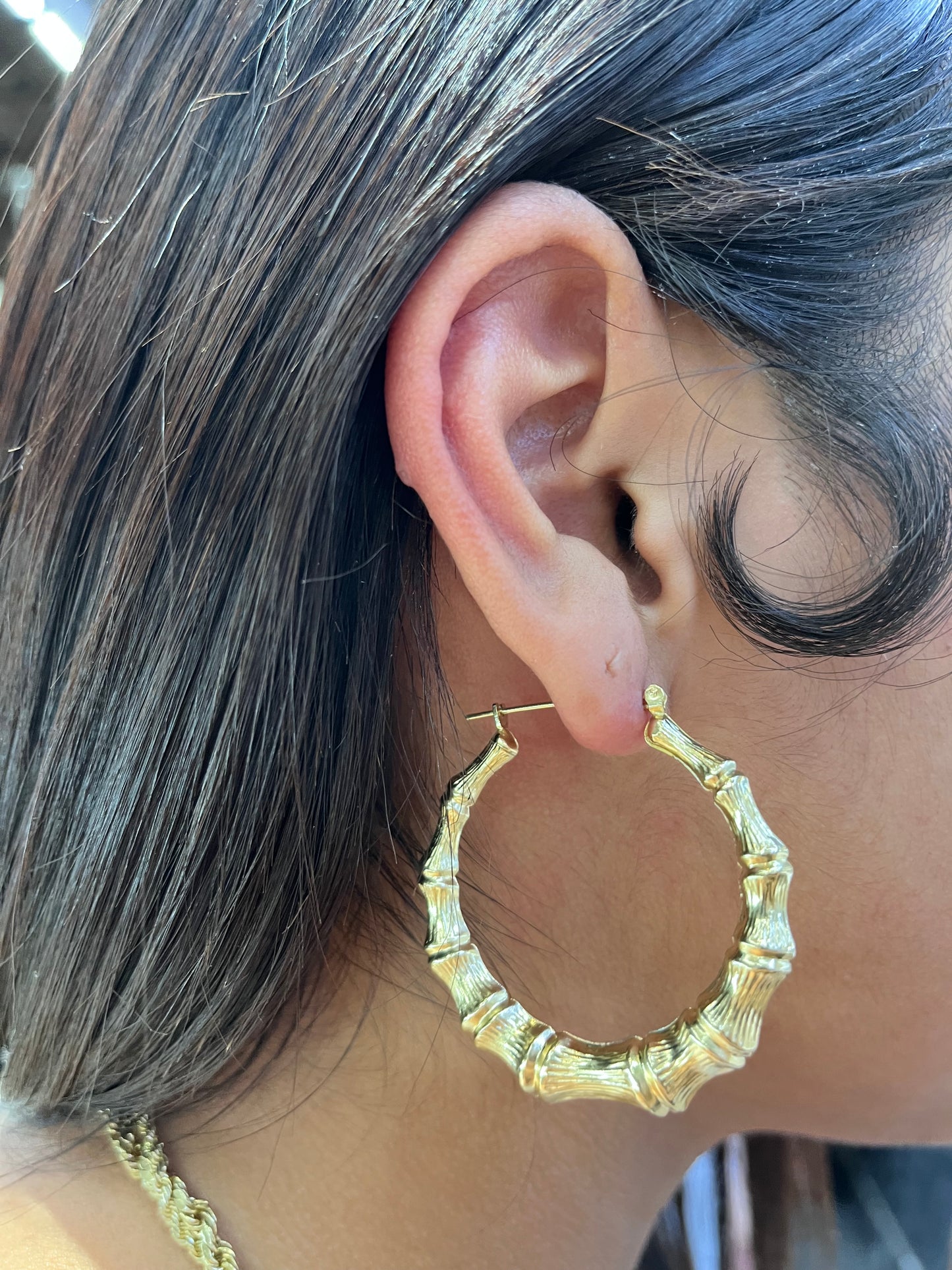 10K Gold Bamboo Hoop Earrings (2.1in)