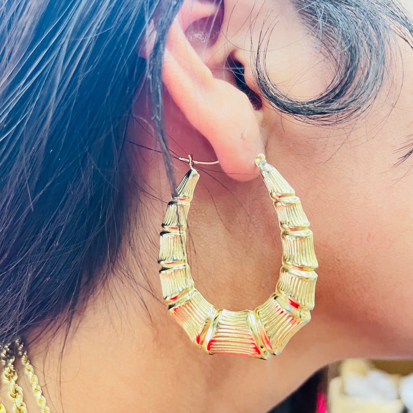 10K Gold Oval Shape Bamboo Hoops