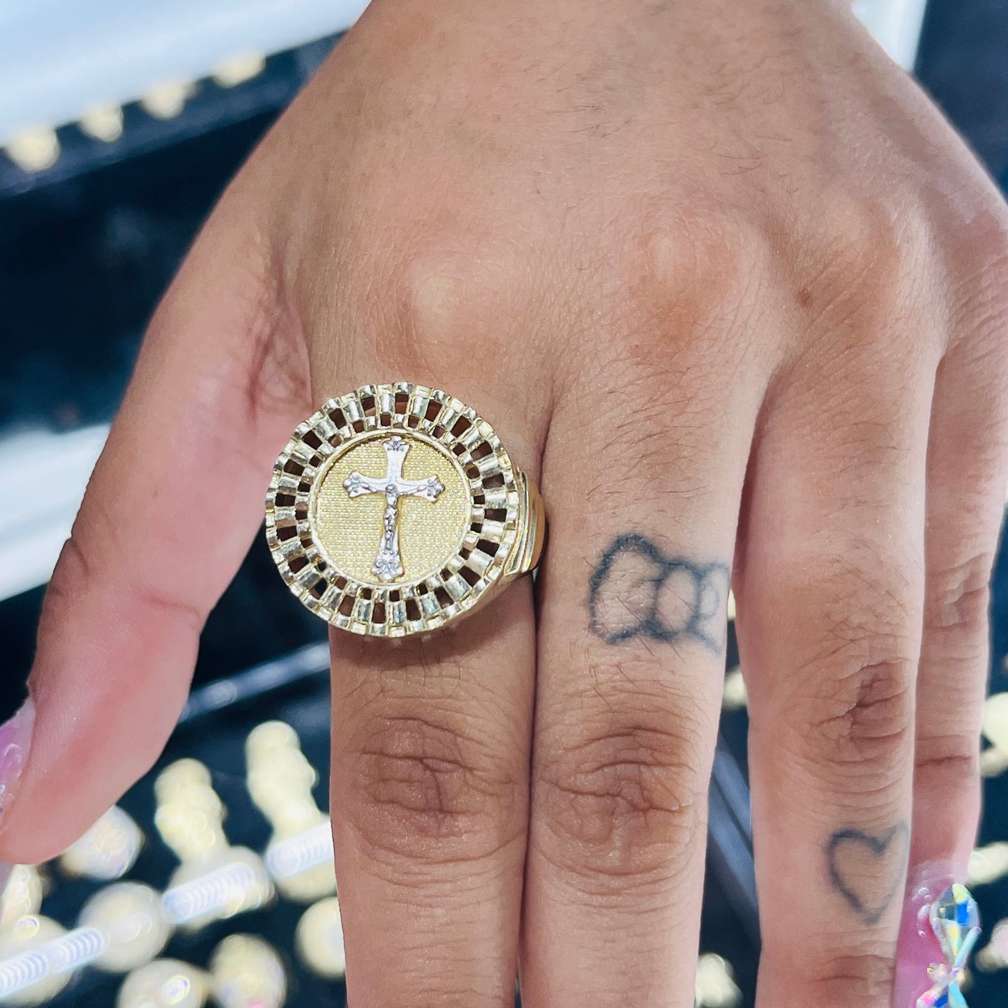 10K Gold Round RX Cross Ring