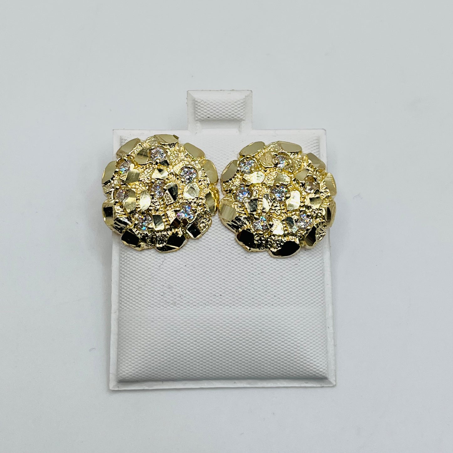 10K Gold Round Nugget Earrings with CZ ( large)