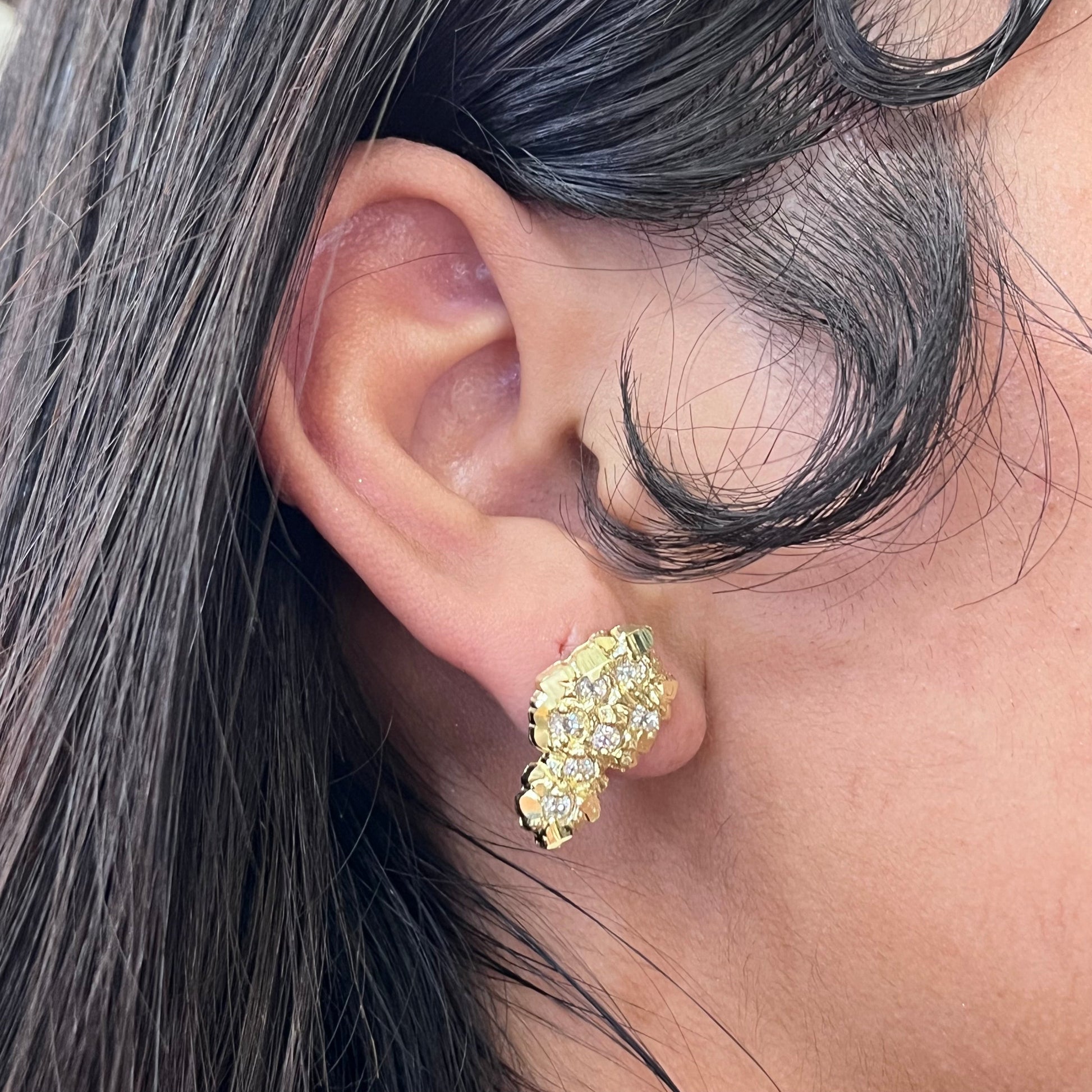 10K Gold Nugget Earrings with CZ Accents | Face Size: Large