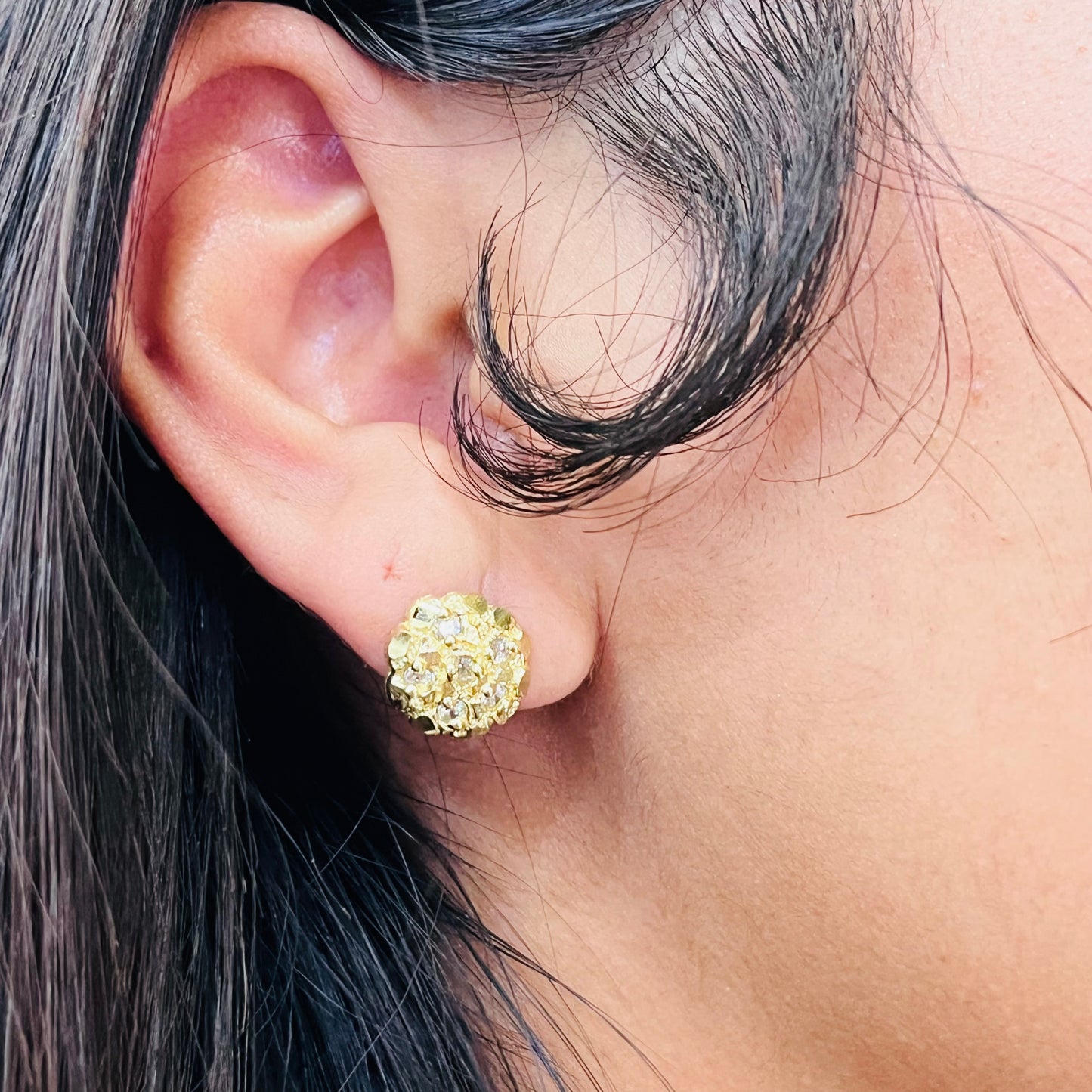 10K Gold Round Nugget Earrings with CZ (small)