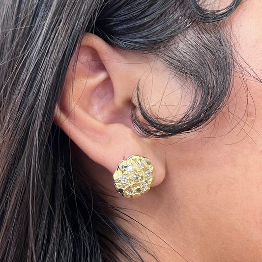 10K Gold Round Nugget Earrings with CZ (medium)