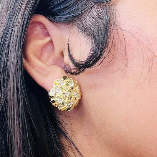 10K Gold Round Nugget Earrings with CZ ( large)