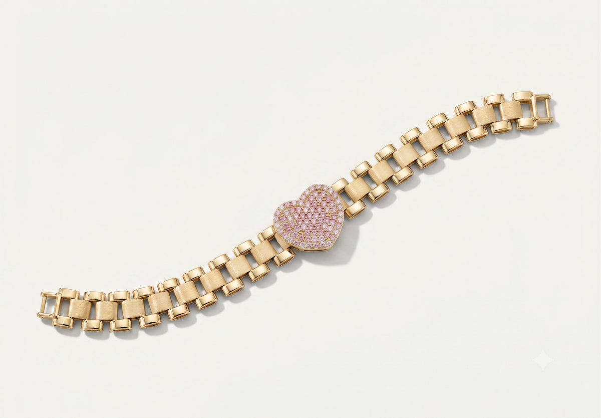 10K Gold RX Bracelet with Pink Heart CZ Charm (6.5")