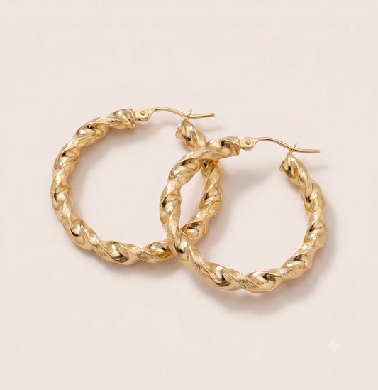10K Gold 4.3mm Twist Hoop Earrings (1.5" diameter)
