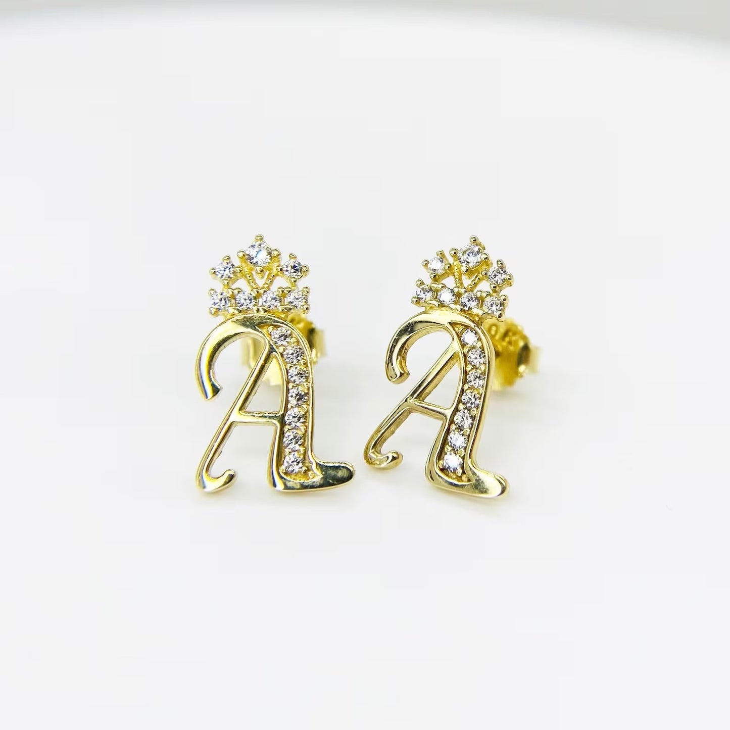 10K Gold Cursive Initial Earrings with Crown