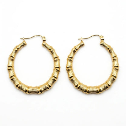 10K Gold Bamboo Hoop Earrings | Diameter: 1.4"
