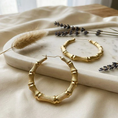 10K Gold Bamboo Hoop Earrings | Diameter: 3"