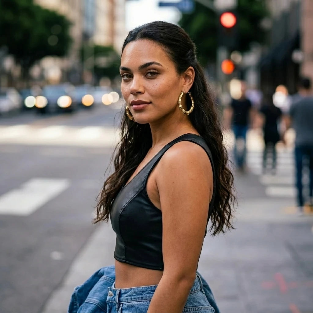 10K Gold Bamboo Hoop Earrings (1.6in) — On Model - Street Style | Generated by Modelize