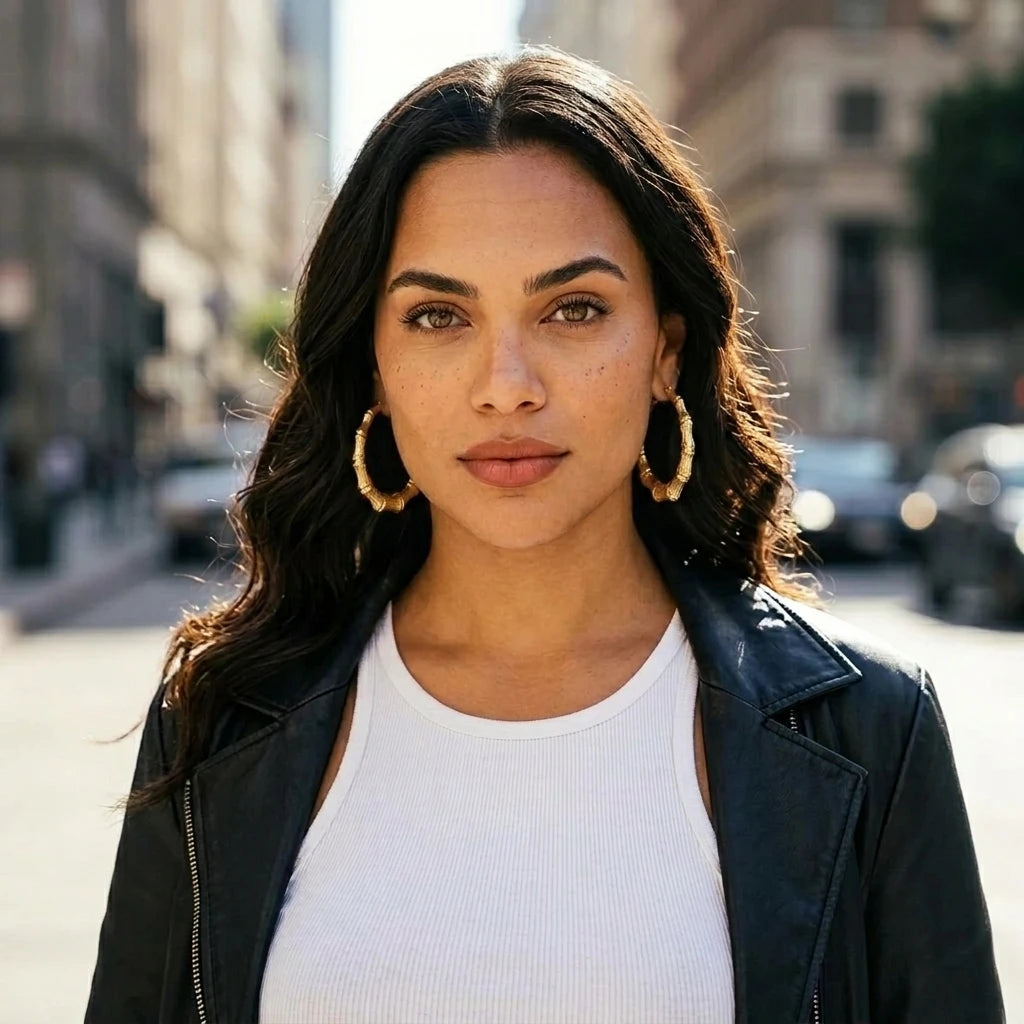 10K Gold Bamboo Hoop Earrings (2") — On Model - Street Style | Generated by Modelize