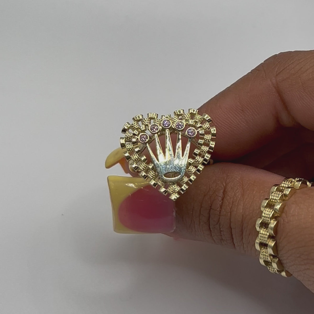 10K Gold RX Heart Ring with Pink Crown