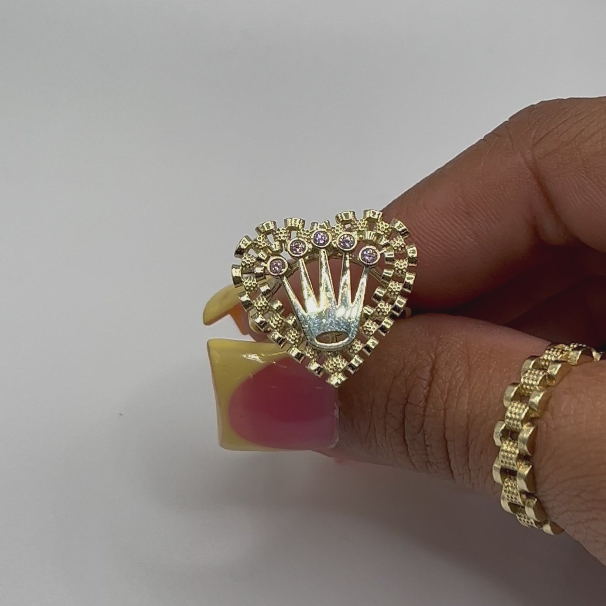 10K Gold RX Heart Ring with Pink Crown