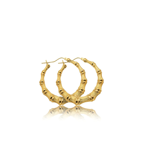 Yellow Gold Bamboo Hoop Earrings 10K
