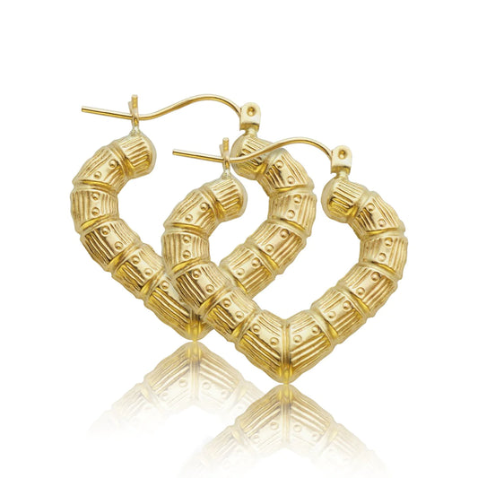 10K Gold Heart Bamboo Hoop Earrings (1 in)